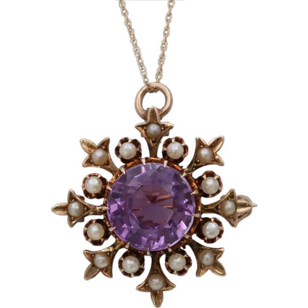 Victorian 14K Gold and Amethyst Snowflake Pendant… - image 1