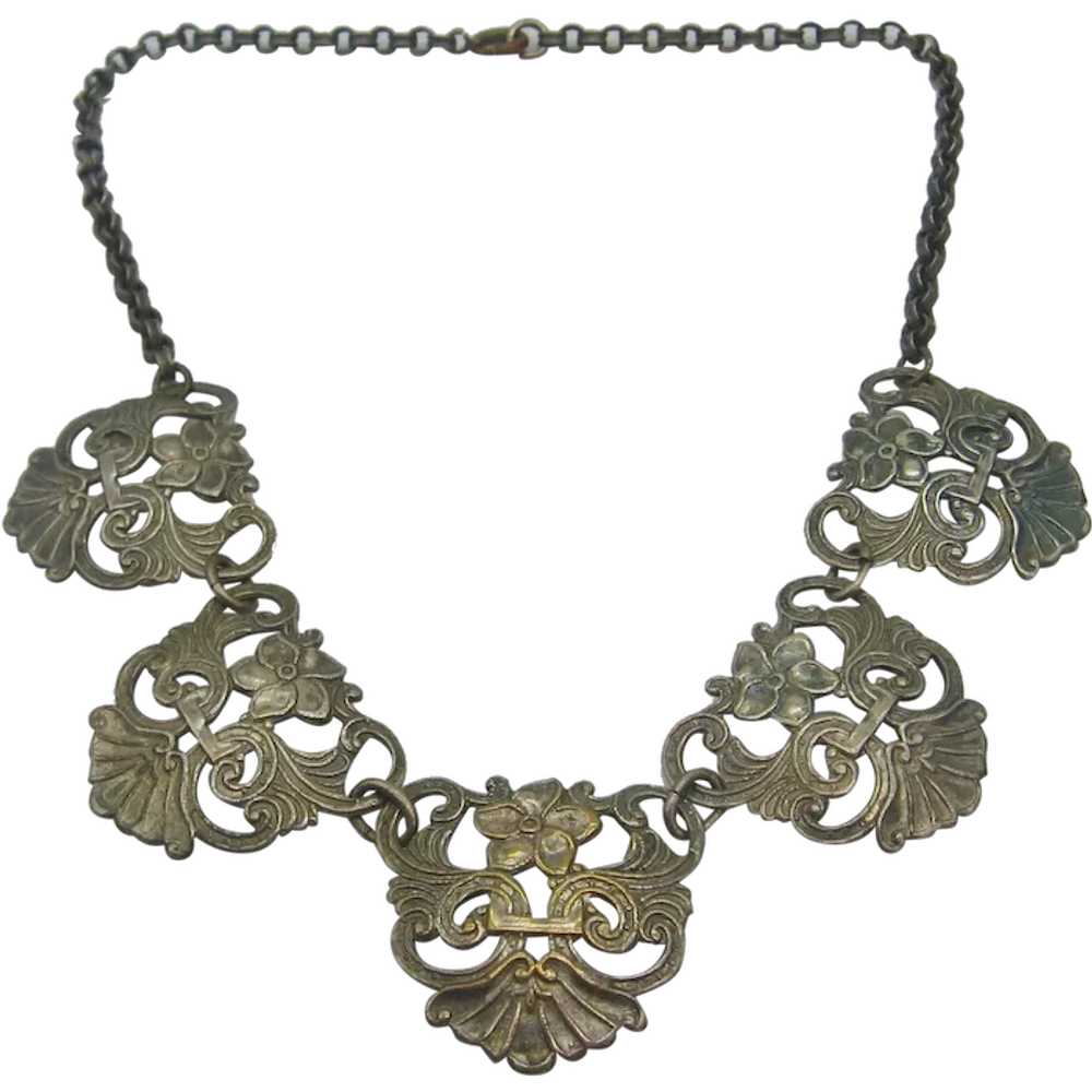 Vintage Art Deco- Art Nouveau Silver tone Shield … - image 1