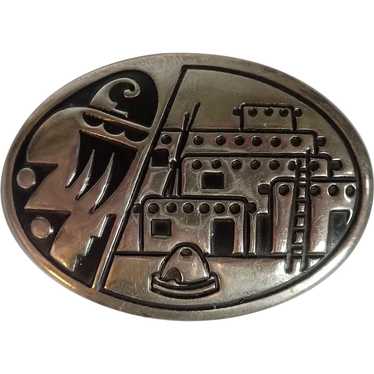 *Vintage Hopi Style Sterling Overlay Scenic Pin B… - image 1