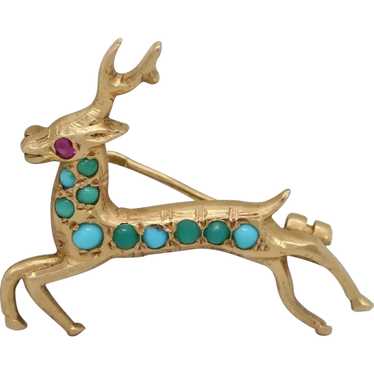 18k Yellow Gold Deer Brooch with Turquoise - 5.9g - image 1