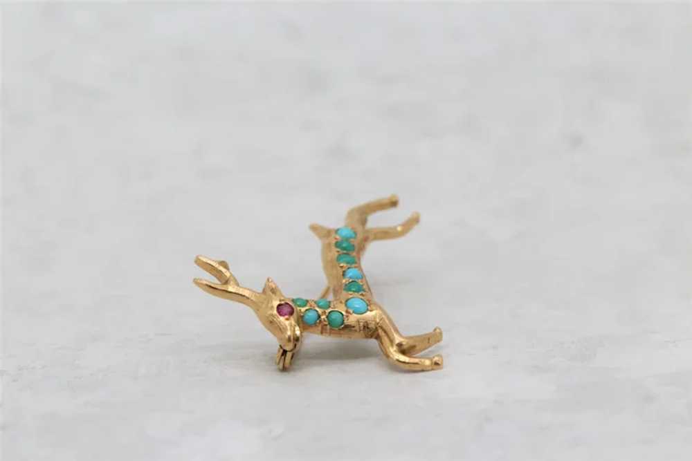 18k Yellow Gold Deer Brooch with Turquoise - 5.9g - image 2