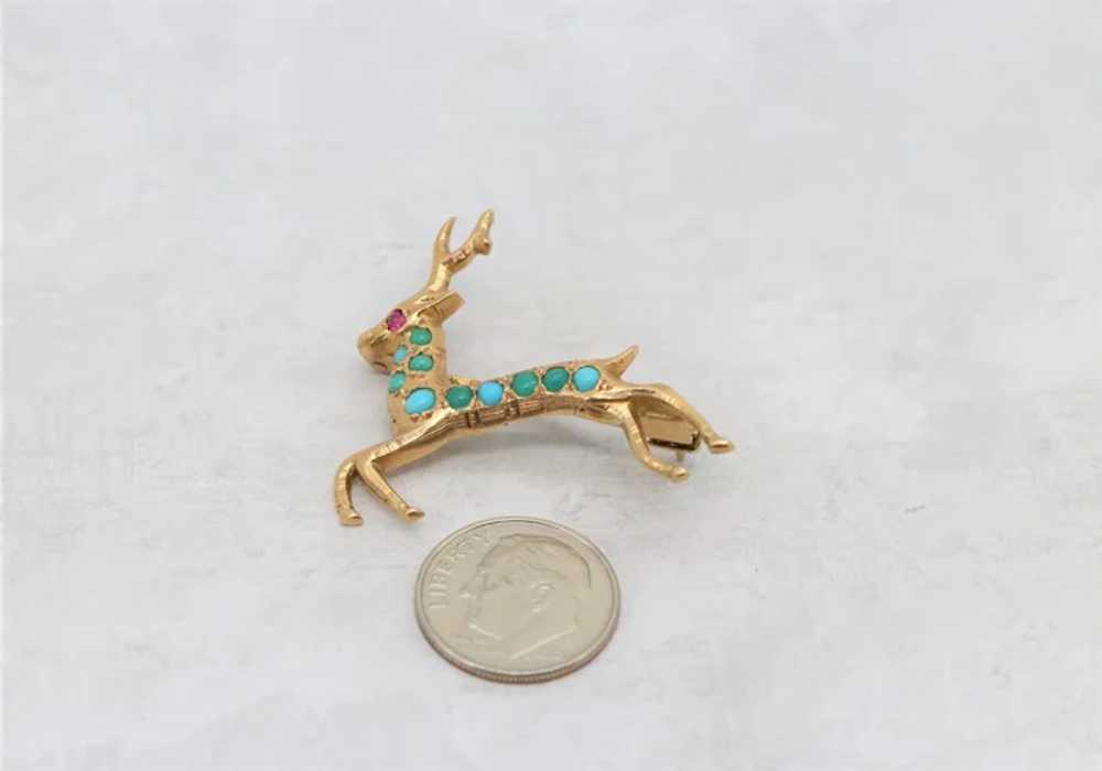 18k Yellow Gold Deer Brooch with Turquoise - 5.9g - image 3