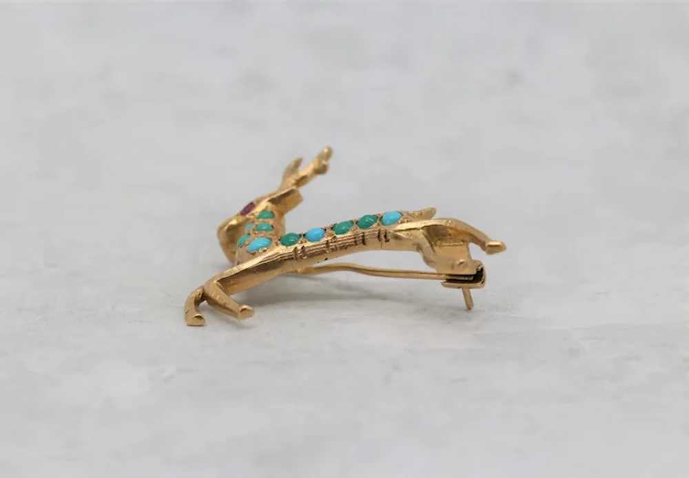 18k Yellow Gold Deer Brooch with Turquoise - 5.9g - image 4