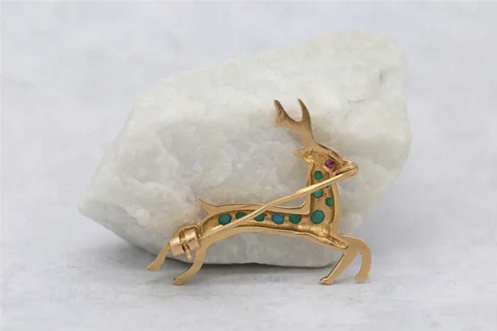 18k Yellow Gold Deer Brooch with Turquoise - 5.9g - image 5