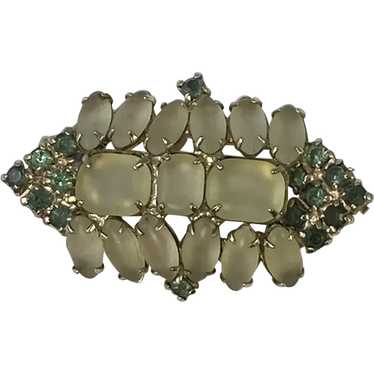 Frosted Glass and Green Rhinestone Brooch