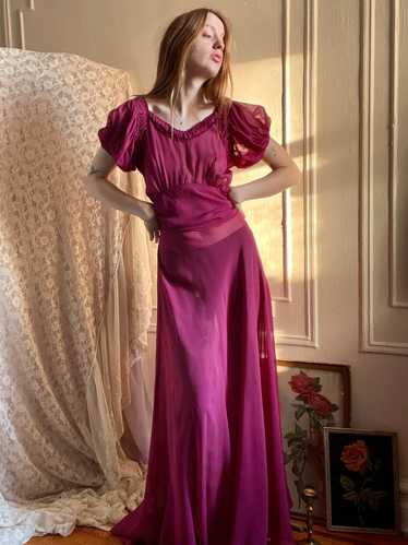 1930s Fuscia Purple Dress Ruched Puff Sleeves Ray… - image 1