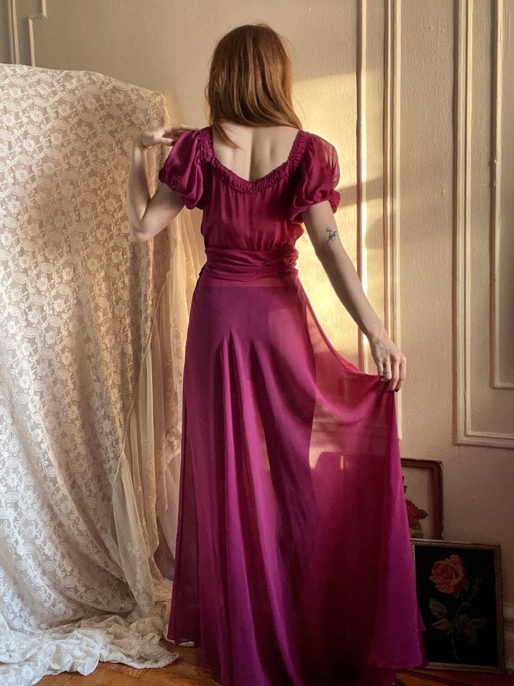 1930s Fuscia Purple Dress Ruched Puff Sleeves Ray… - image 6
