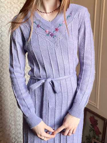 1970s Lavender Knit Sweater Dress Embroidered Flor