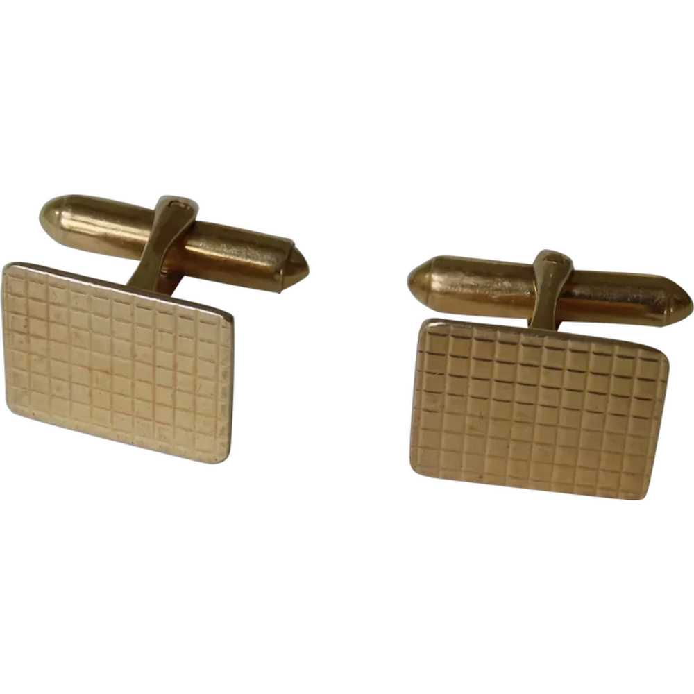 Pair of Mid Century Grid Pattern 14K Gold Cufflin… - image 1