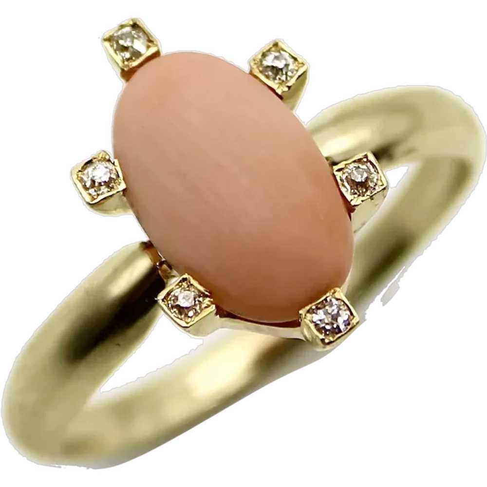 14K Gold Victorian Ring with Diamonds and Pink Co… - image 1