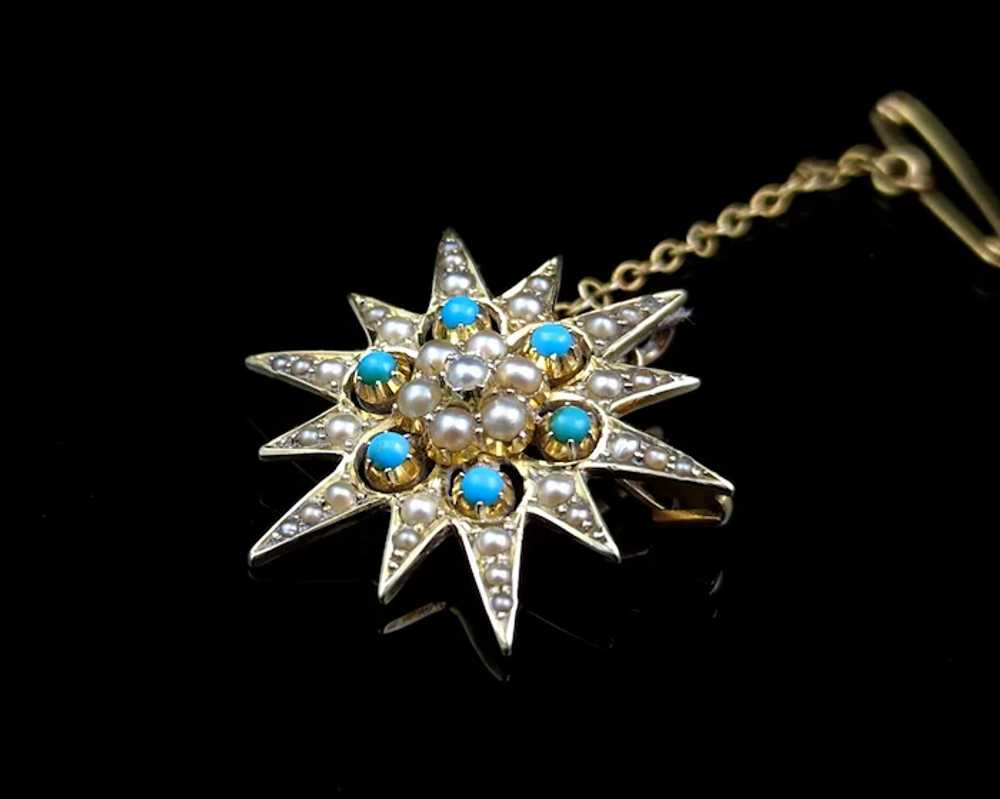 Antique Turquoise and Pearl star pendant brooch, … - image 11