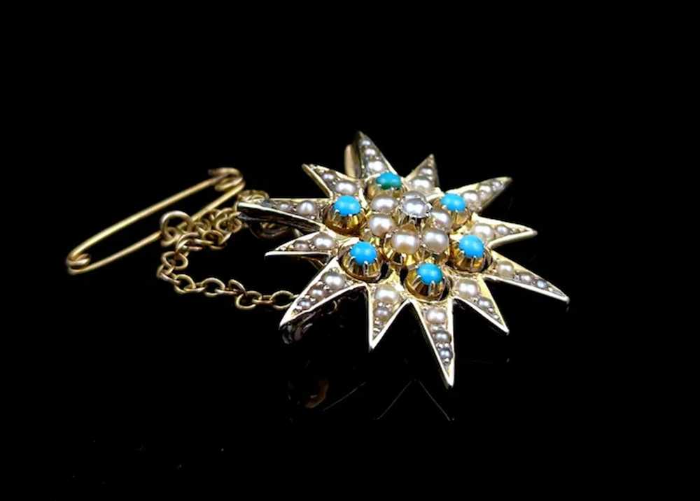 Antique Turquoise and Pearl star pendant brooch, … - image 12