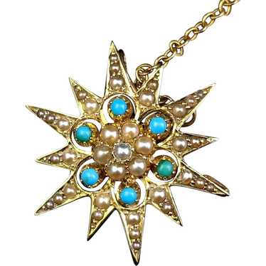 Antique Turquoise and Pearl star pendant brooch, … - image 1