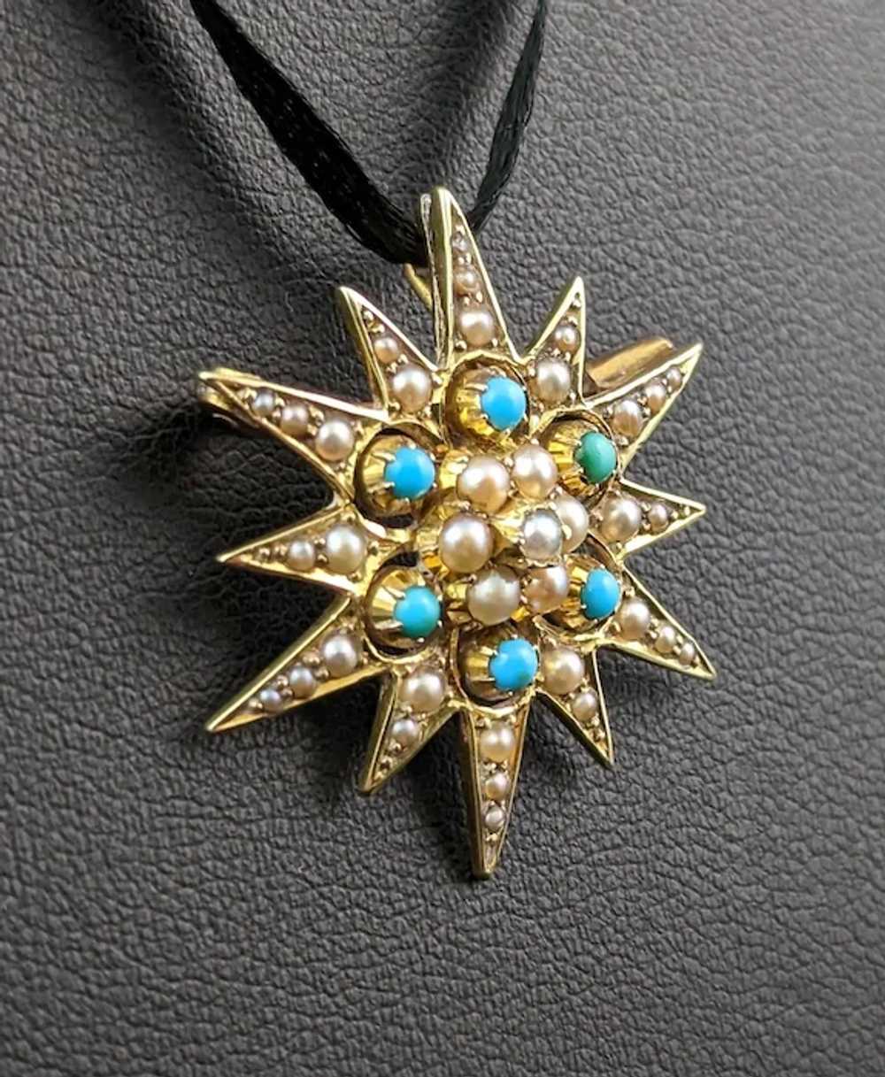 Antique Turquoise and Pearl star pendant brooch, … - image 2