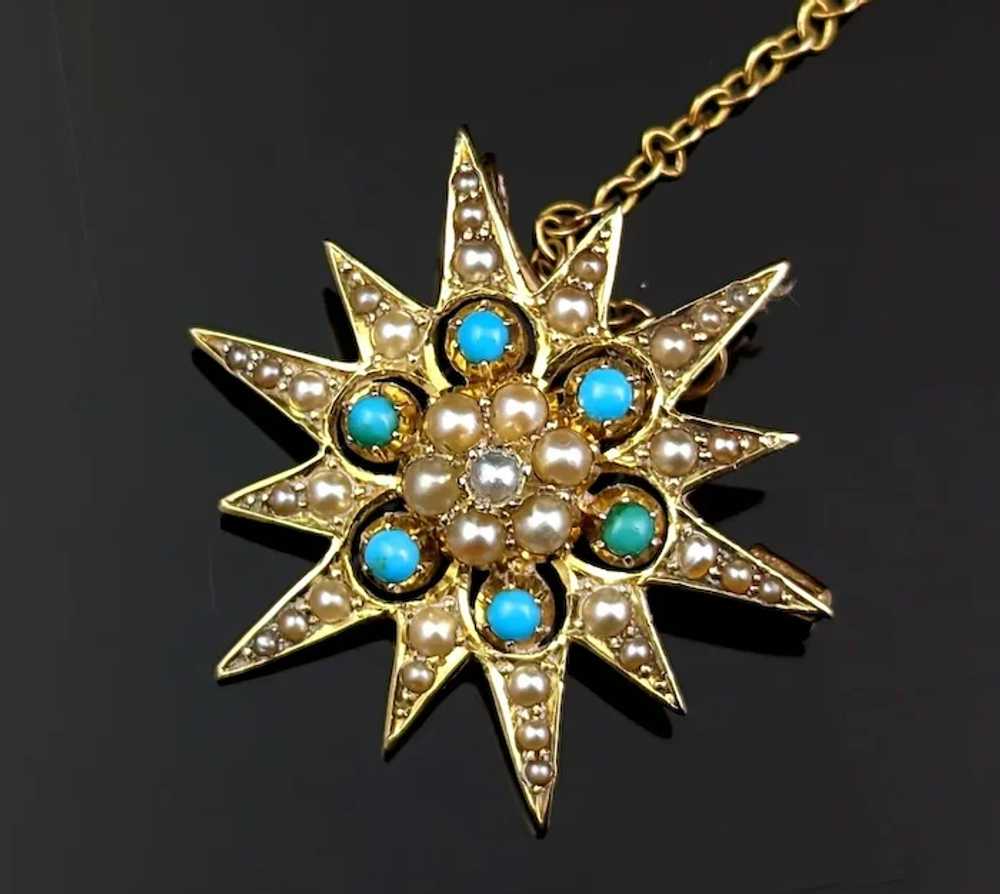 Antique Turquoise and Pearl star pendant brooch, … - image 5