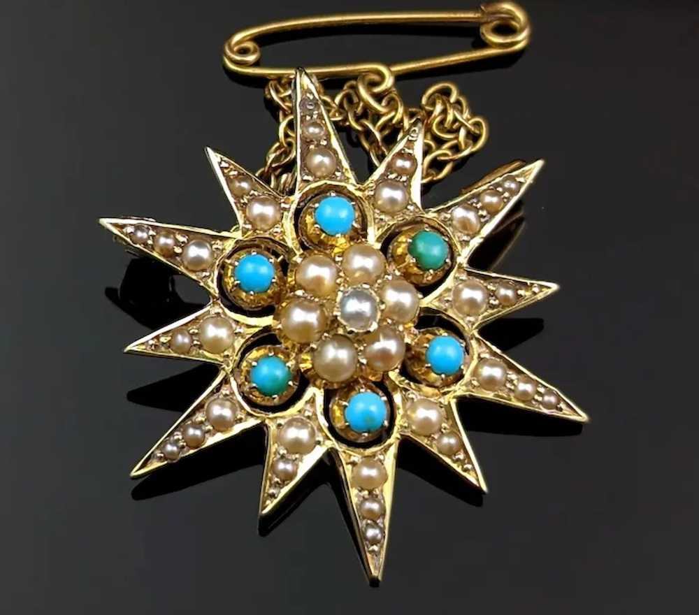 Antique Turquoise and Pearl star pendant brooch, … - image 6
