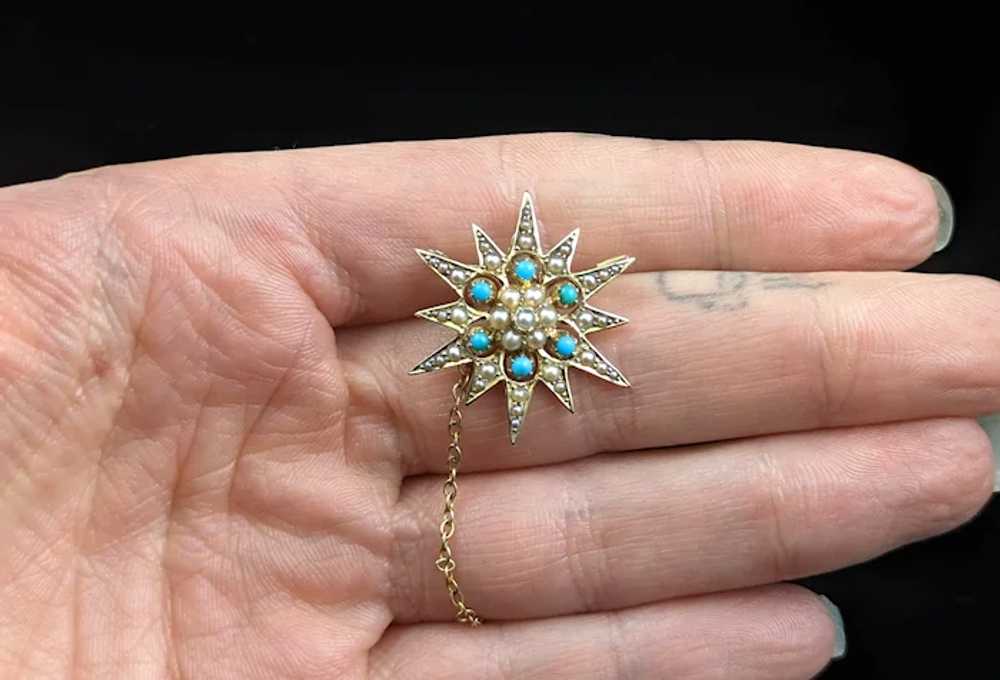 Antique Turquoise and Pearl star pendant brooch, … - image 7