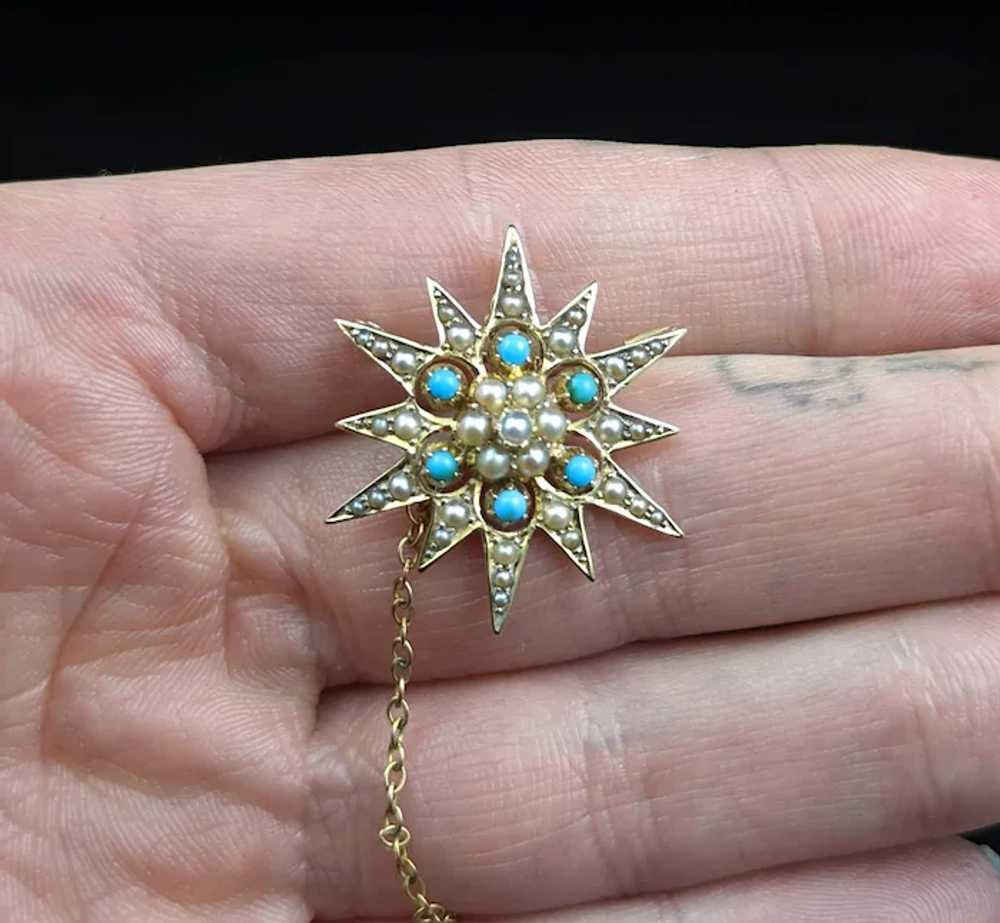 Antique Turquoise and Pearl star pendant brooch, … - image 8