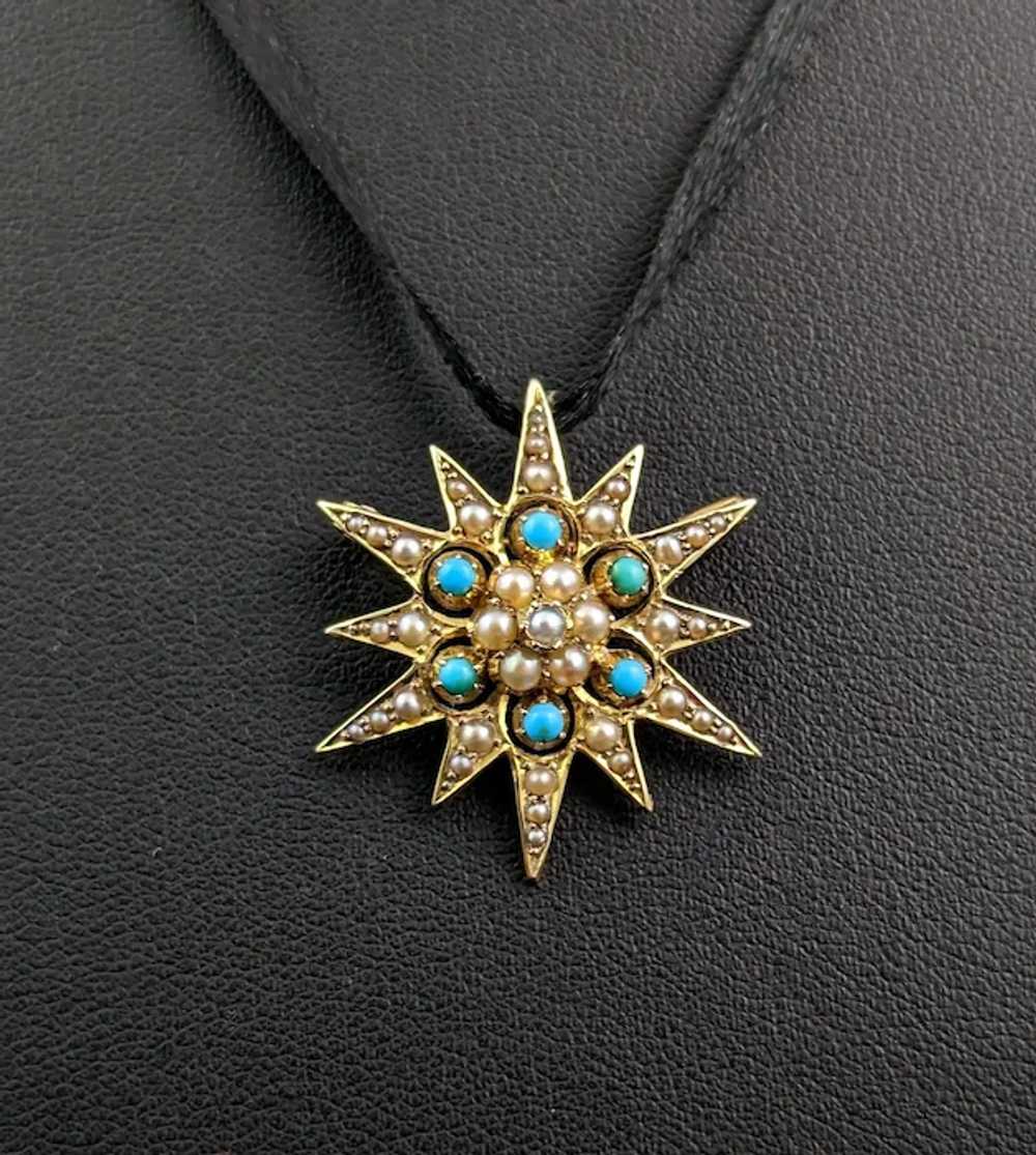 Antique Turquoise and Pearl star pendant brooch, … - image 9