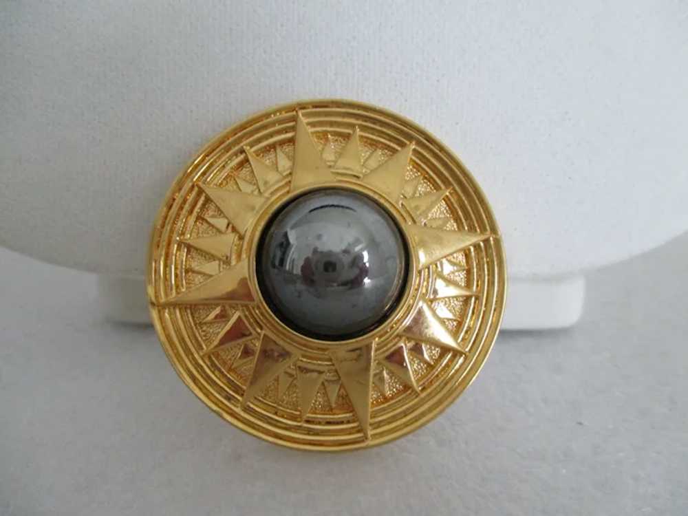 Large Hematite Cabochon Sun-Ray Brooch Vintage - image 2