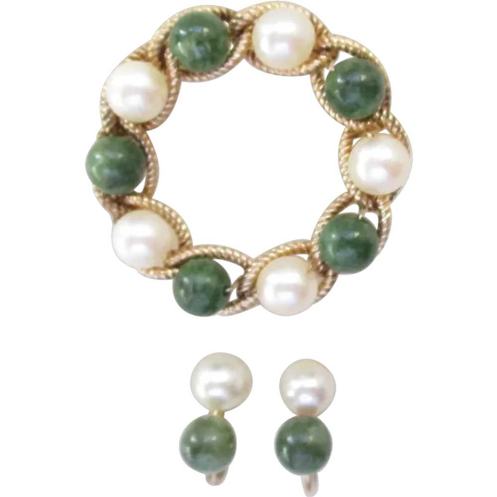 Vintage Genuine Jade Pearl Gold Filled Brooch Scr… - image 1