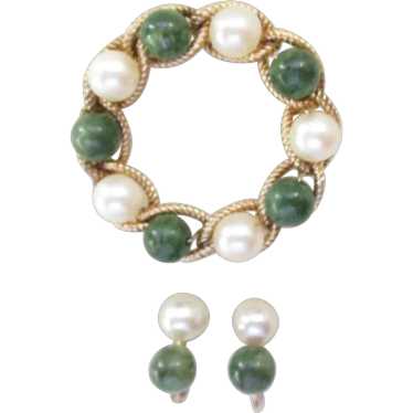 Vintage Genuine Jade Pearl Gold Filled Brooch Scre