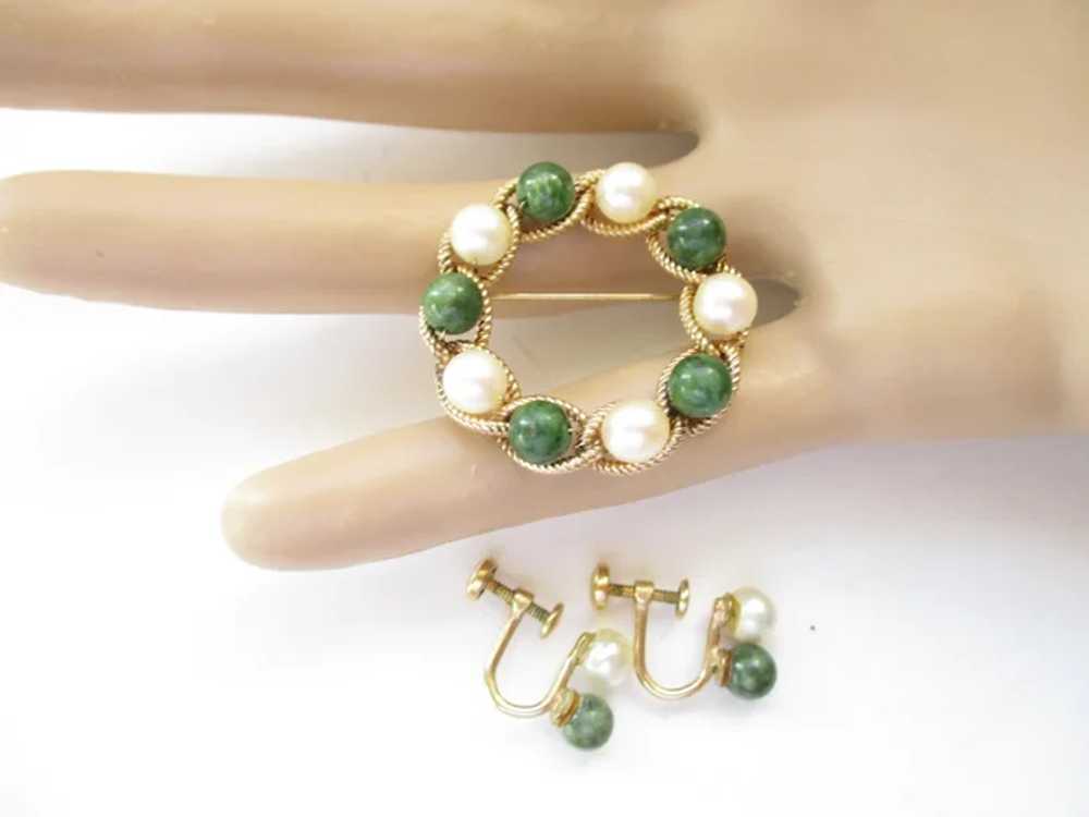 Vintage Genuine Jade Pearl Gold Filled Brooch Scr… - image 2