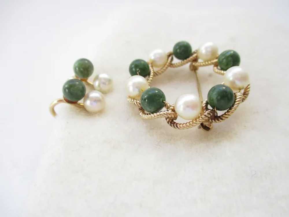 Vintage Genuine Jade Pearl Gold Filled Brooch Scr… - image 3