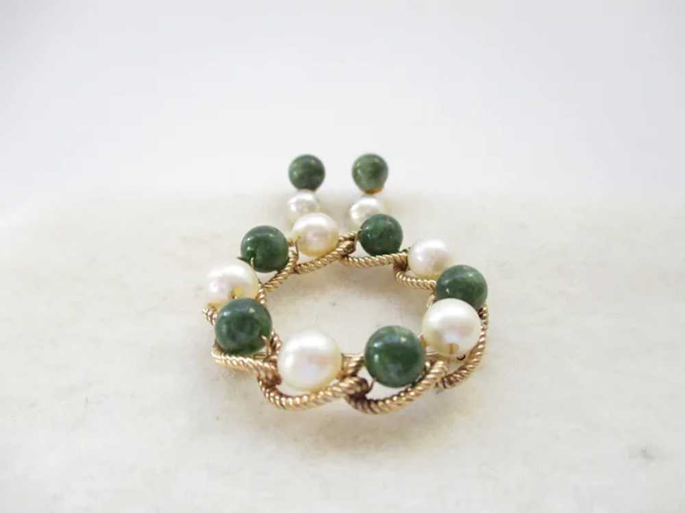 Vintage Genuine Jade Pearl Gold Filled Brooch Scr… - image 4