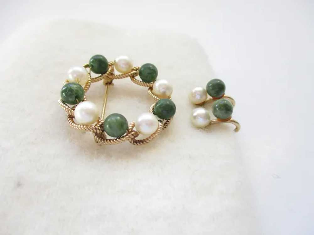 Vintage Genuine Jade Pearl Gold Filled Brooch Scr… - image 5