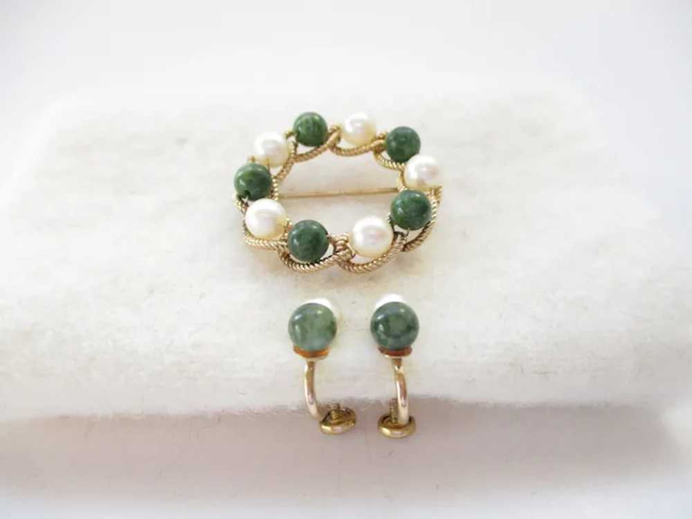 Vintage Genuine Jade Pearl Gold Filled Brooch Scr… - image 6