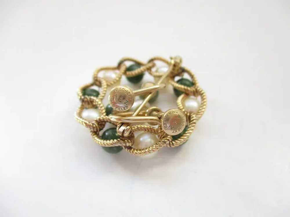 Vintage Genuine Jade Pearl Gold Filled Brooch Scr… - image 8