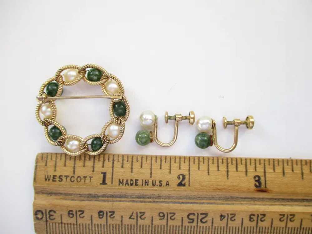 Vintage Genuine Jade Pearl Gold Filled Brooch Scr… - image 9