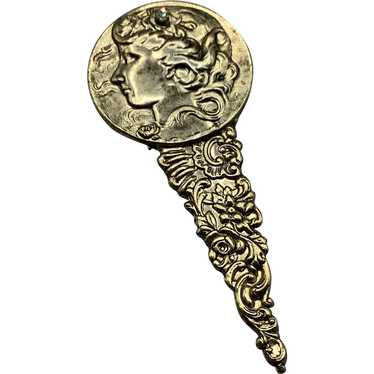 Repousse Art Nouveau Inspired Brooch Face & Rhine… - image 1