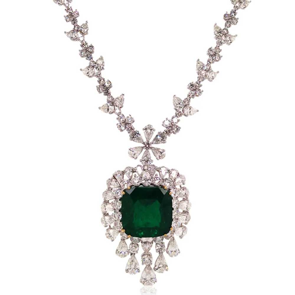 Platinum 18K Gold Emerald Diamond Necklace, AGL - image 2