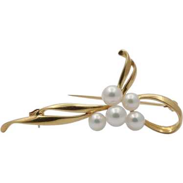 Vintage Ribbon Brooch Pin with Pearls 18K White & Yellow Gold