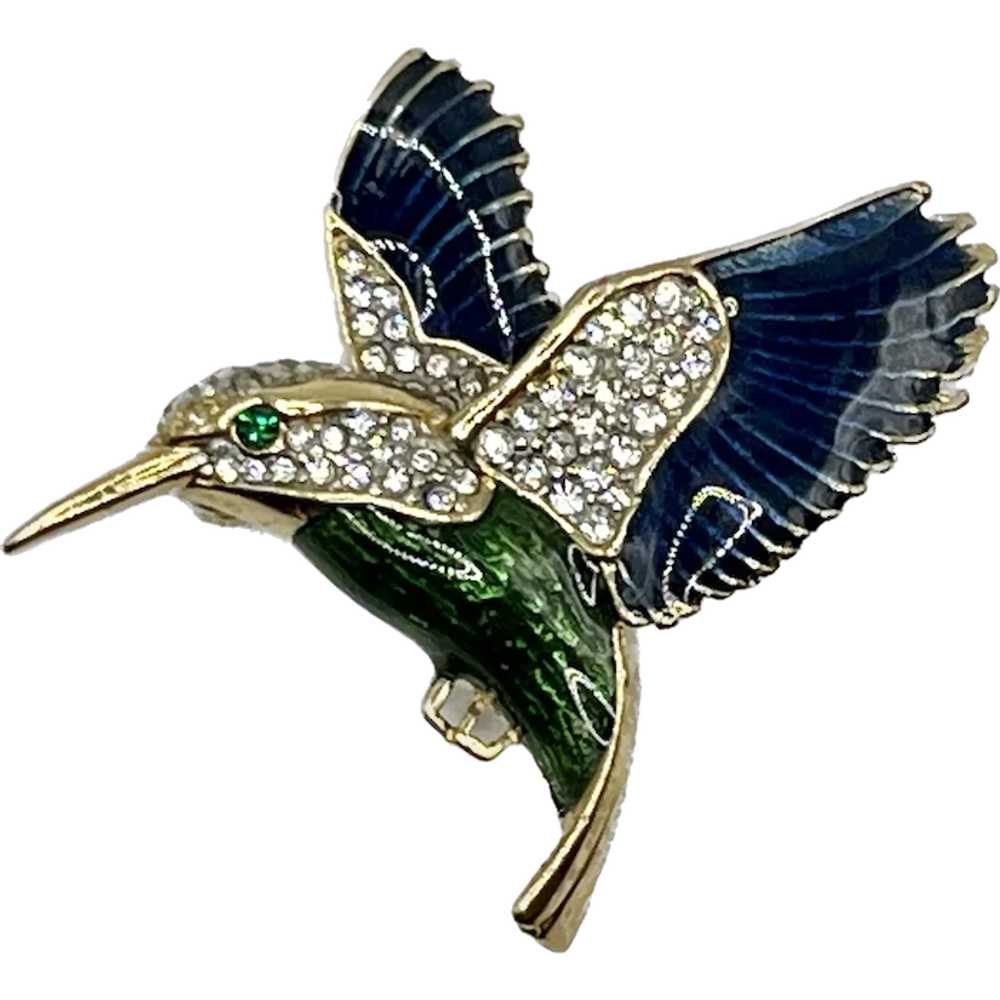 Hummingbird Blue Green Enamel Crystal Rhinestone … - image 1