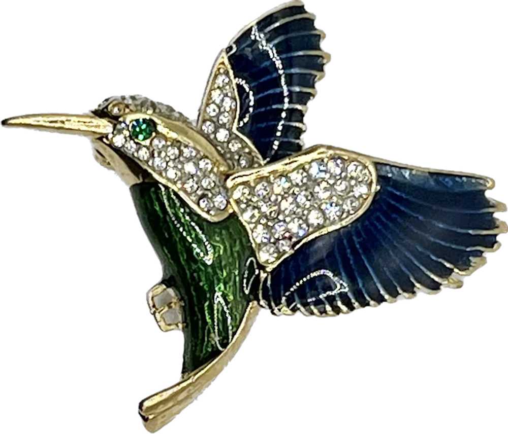 Hummingbird Blue Green Enamel Crystal Rhinestone … - image 2