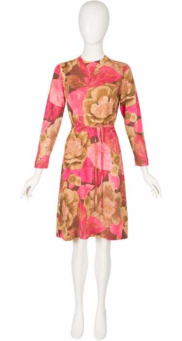 Leonard 1960s Pink Floral Wool Knit Belted Dress