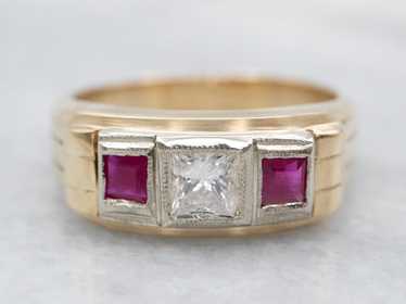 Men's Vintage Synthetic Ruby and Diamond Band - image 1