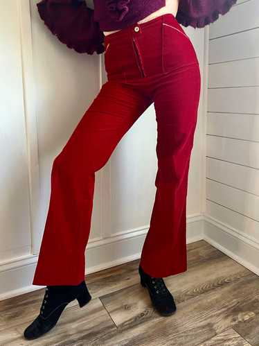 1970s Cherry Red Corduroy High Rise Bell Bottom Pa