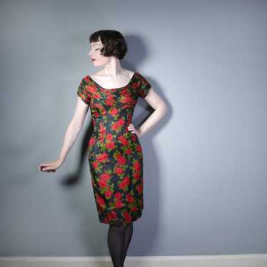 50s BLACK AND RED FLORAL KAY SEILIG DRAPED WIGGLE… - image 1