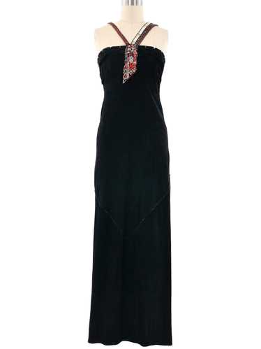 1970's Bead Accented Suede Halter Gown