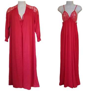 Vintage Peignoir OS Red Bridal Set Nightgown Robe… - image 1