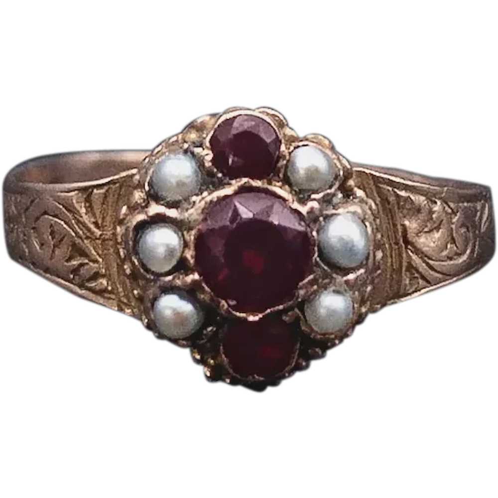 Antique 14K, Garnet & Pearl Ring - image 1