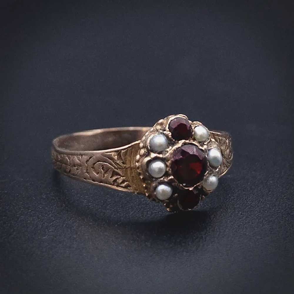 Antique 14K, Garnet & Pearl Ring - image 2