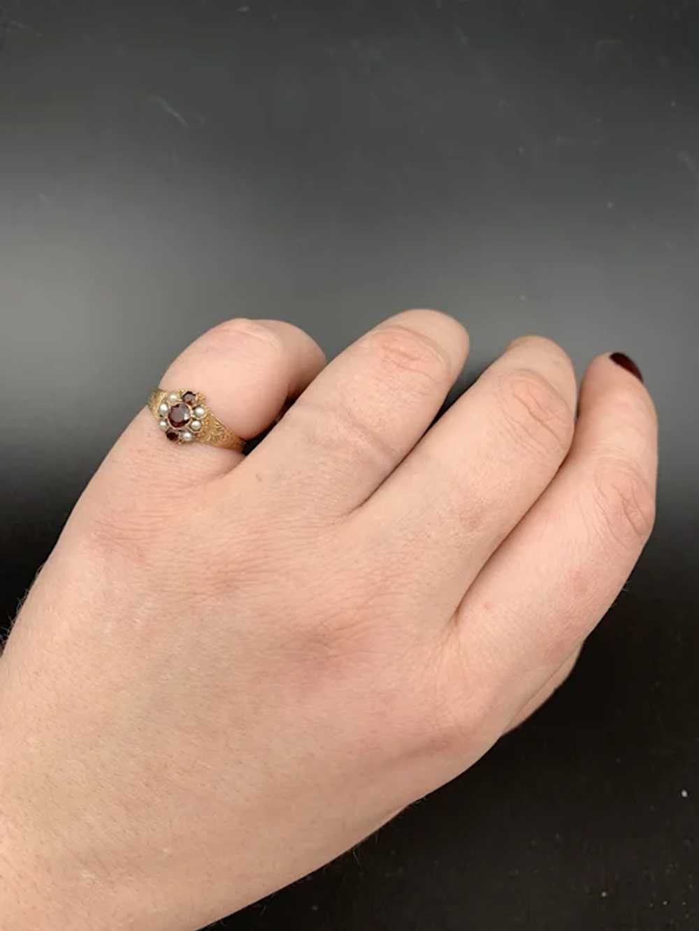 Antique 14K, Garnet & Pearl Ring - image 7