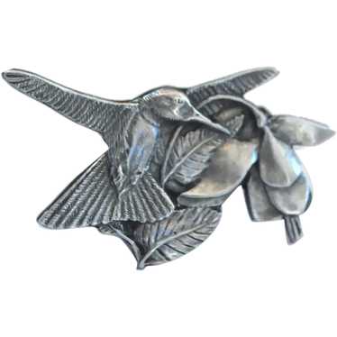 Pewter Birds and Blooms Hummingbird Brooch Pin - image 1