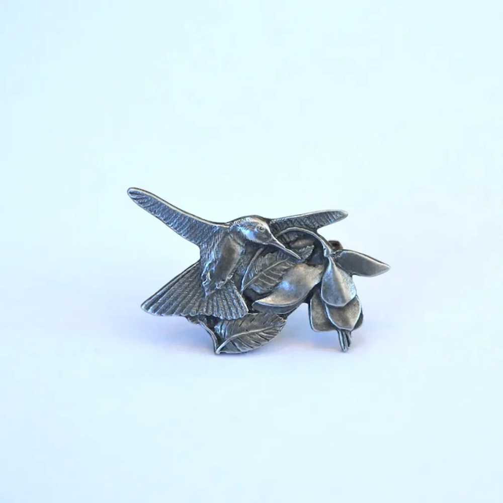 Pewter Birds and Blooms Hummingbird Brooch Pin - image 2