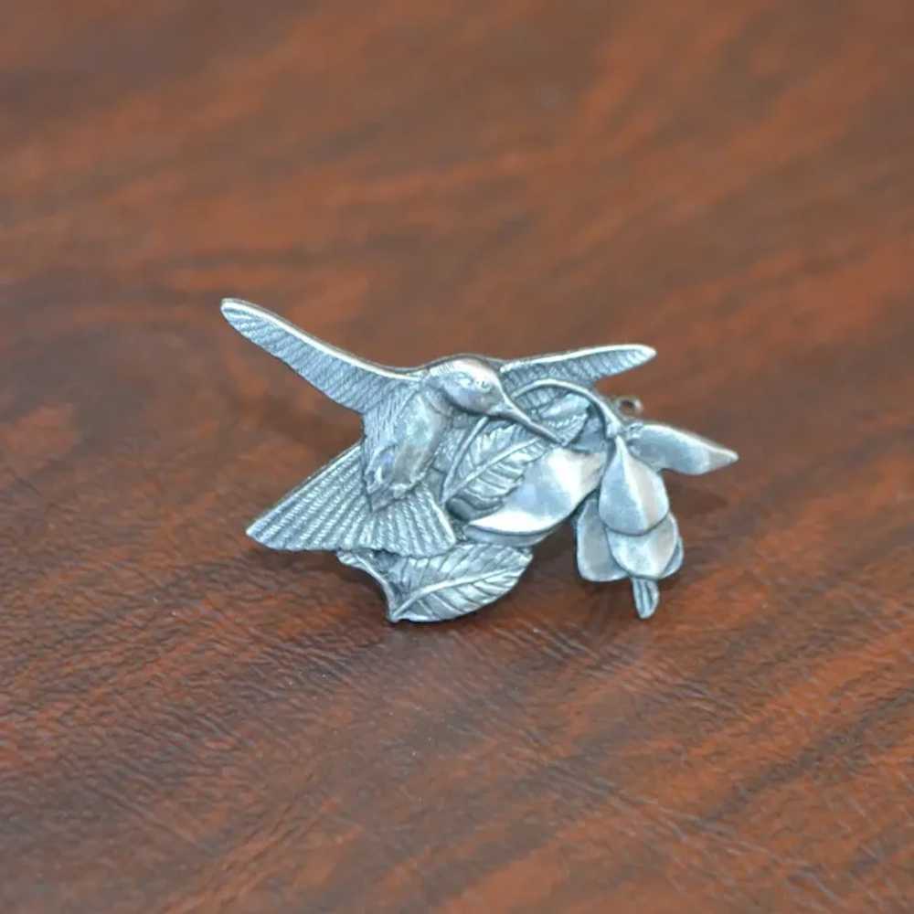 Pewter Birds and Blooms Hummingbird Brooch Pin - image 3